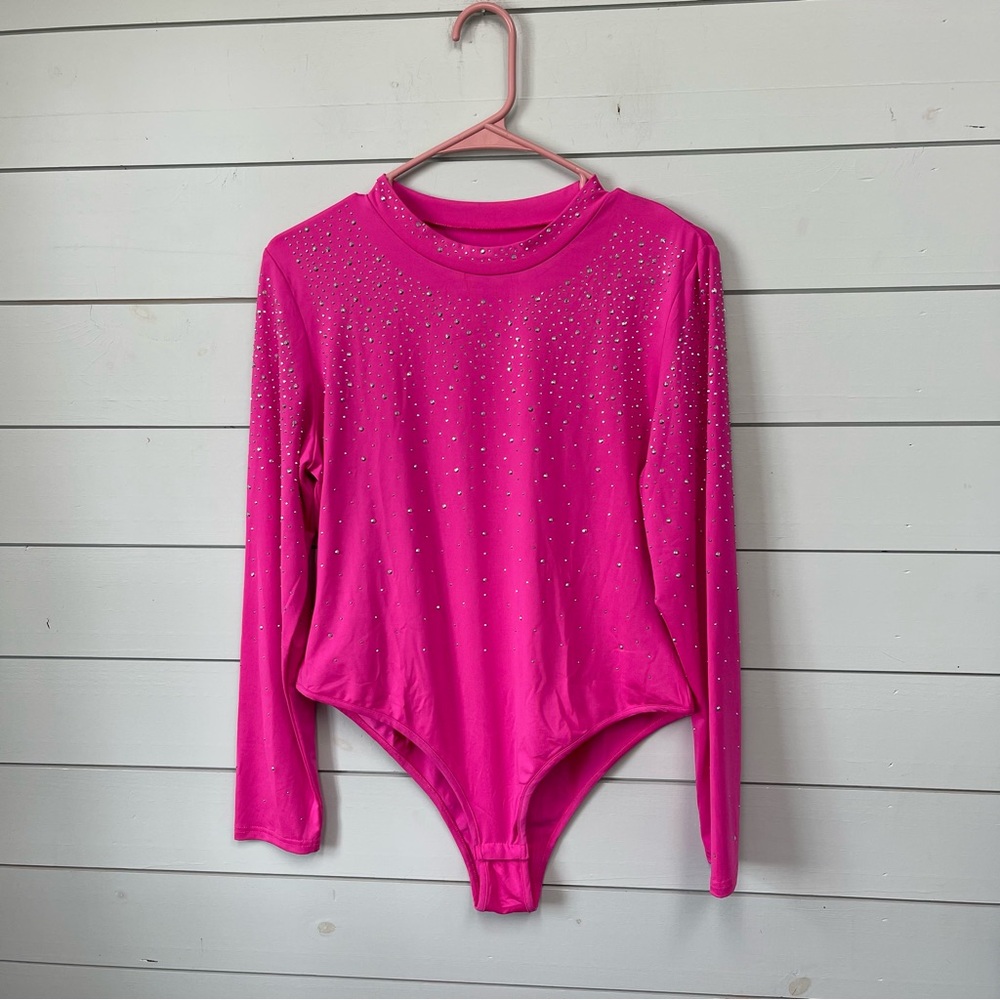Pink Rhinestone Long Sleeve‎ Bodysuit women’s size XL